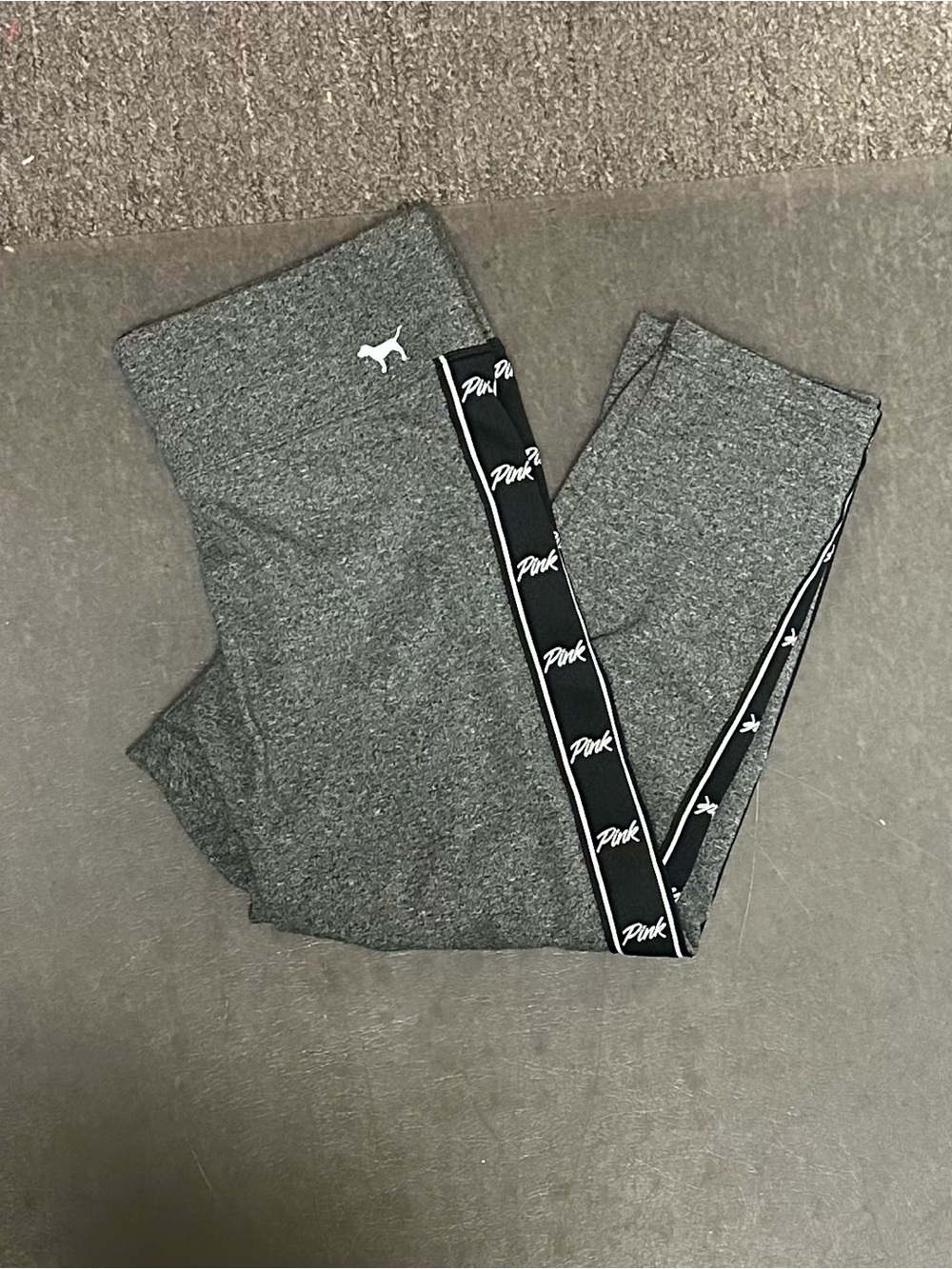 PINK Victoria's Secret Gray Yoga Leggings with Black Logo Tape mid calf